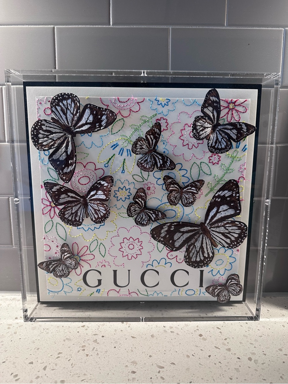 Stephen Wilson Studio Butterfly Acrylic Artwork with Gucci Background